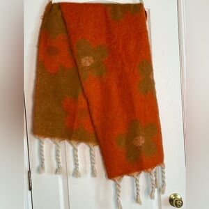 Floral Orange and Brown Scarf with Tassels